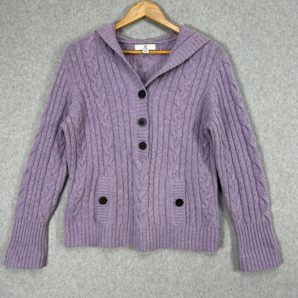 GAP Edition Womens XL Lavender Purple 100%‎ Lambswool Cable Knit Hooded Sweater